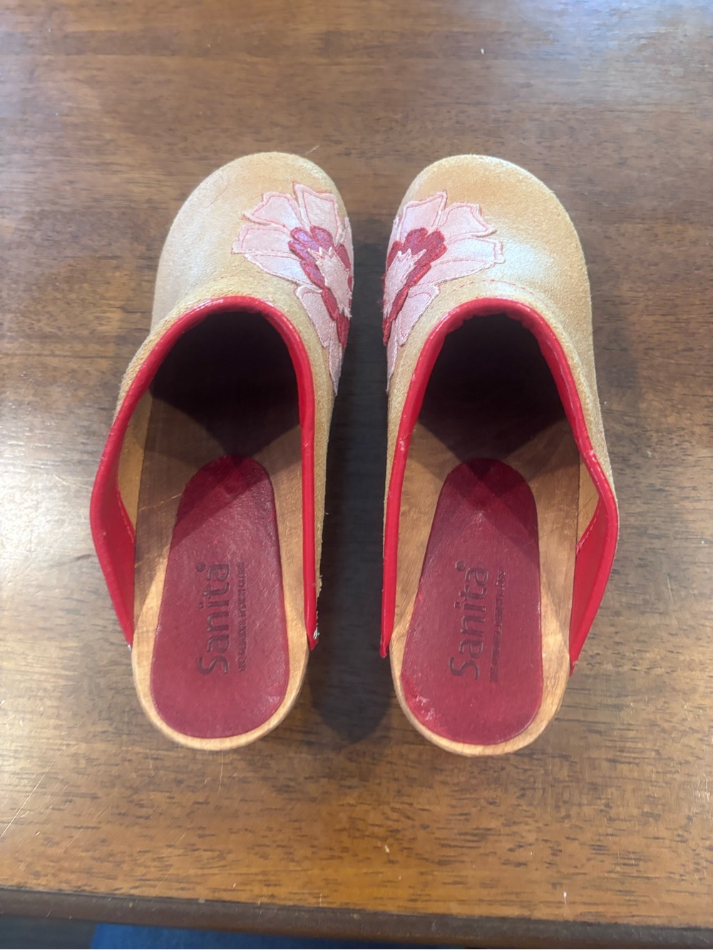 Sanita Beige Leather Slip-On Clogs  Pink Floral Embroidery Boho Aesthetic - Picture 5 of 10